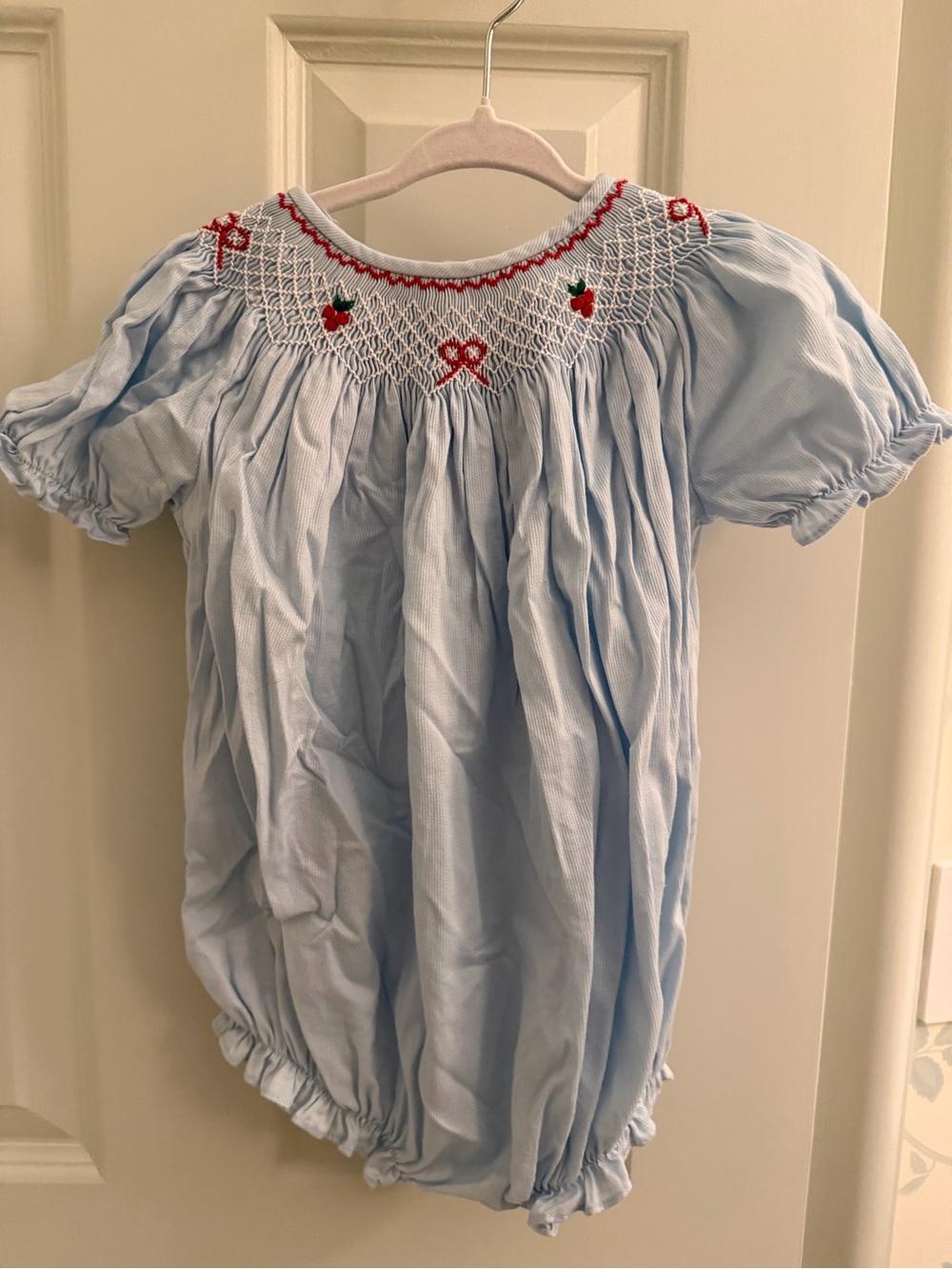 Little English Smocked Light Blue Baby Bubble Romper with Red Embroidery